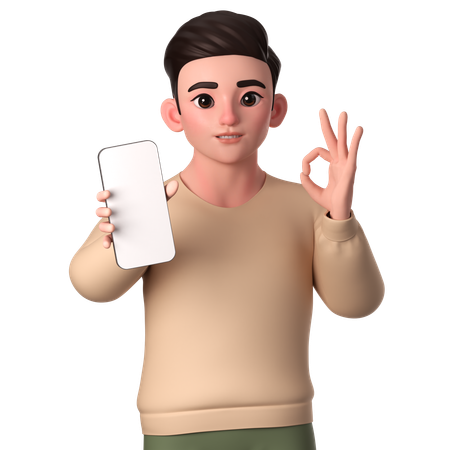 Young Man Showing Ok Hand Gesture With His Smartphone  3D Illustration