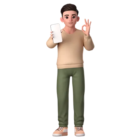 Young Man Showing Ok Hand Gesture With His Smartphone  3D Illustration