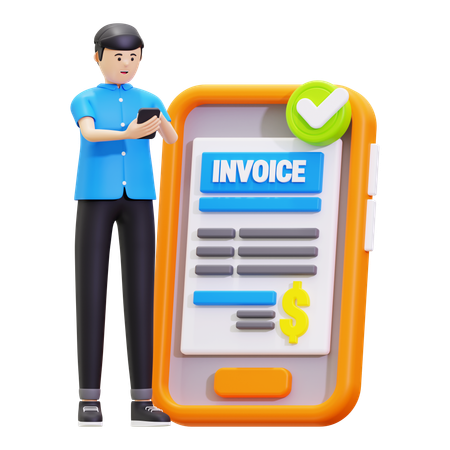 Young Man Showing Online Invoice Bill  3D Illustration