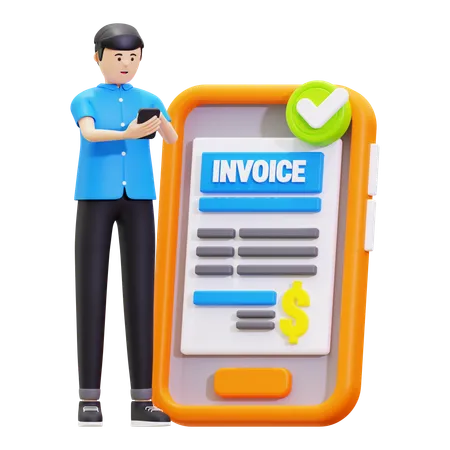 Young Man Showing Online Invoice Bill  3D Illustration