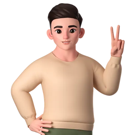 Young Man Showing Peace Hand Gesture With Left Hand  3D Illustration