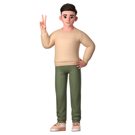 Young Man Showing Peace Hand Gesture With Right Hand  3D Illustration