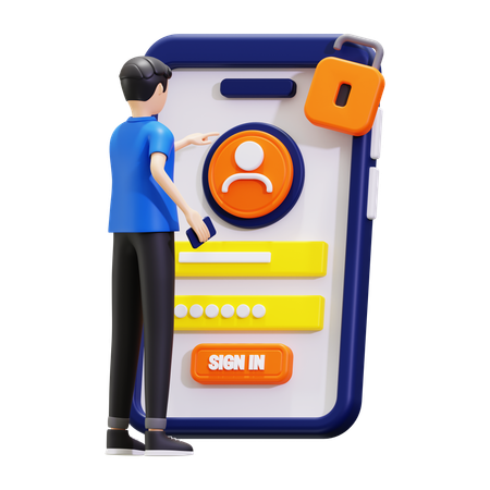 Young Man Sign In In Mobile With Security Key  3D Illustration