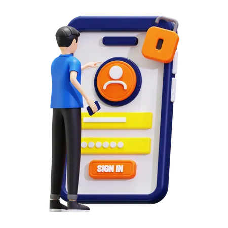 Young Man Sign In In Mobile With Security Key  3D Illustration