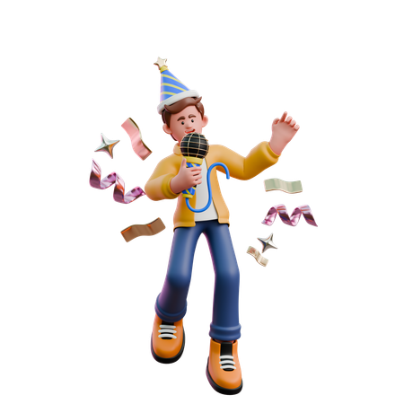 Young Man Singing In New Year  3D Illustration