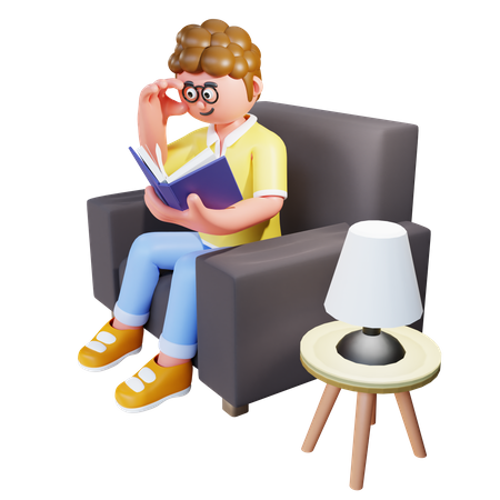 Young Man Sit On Sofa And Reading Book  3D Illustration