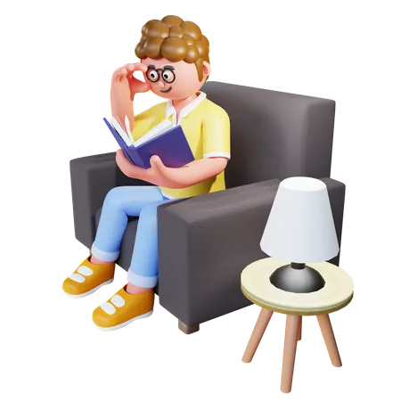 Young Man Sit On Sofa And Reading Book  3D Illustration