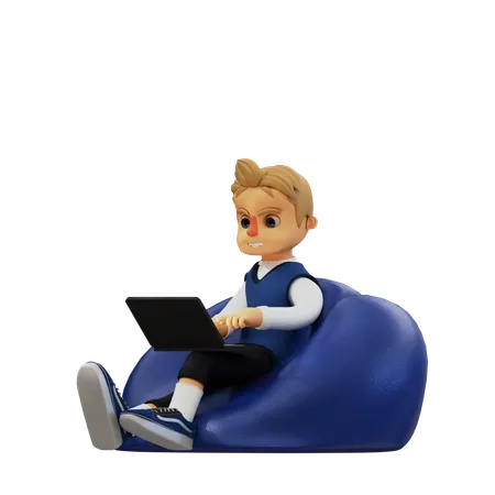 Young Man Sitting And Using Laptop  3D Illustration