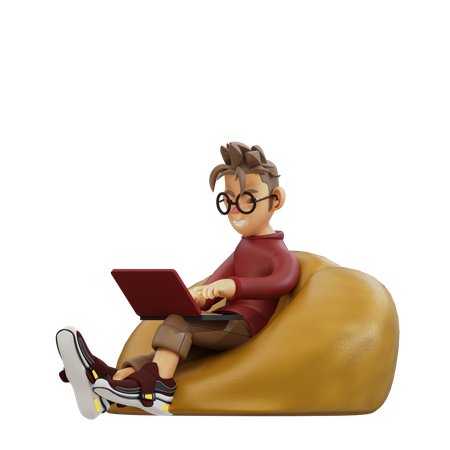 Young Man Sitting And Using Laptop  3D Illustration