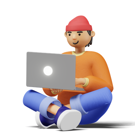 Young man Sitting and Using Laptop  3D Illustration