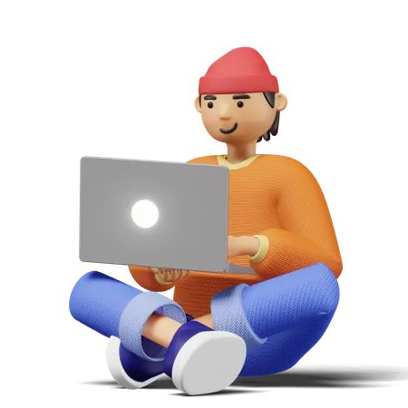 Young man Sitting and Using Laptop 3D Illustration