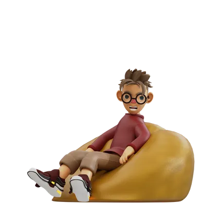 Young Man Sitting On Bean Bag  3D Illustration