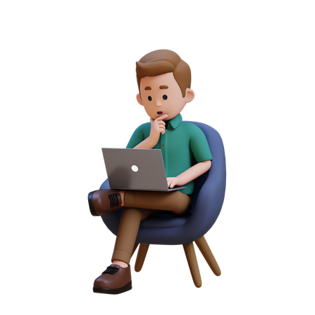 Young Man Sitting On Sofa And Working On Laptop With Thinking Pose  3D Illustration