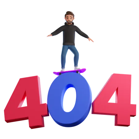 Young man skating on 404 error 3D Illustration