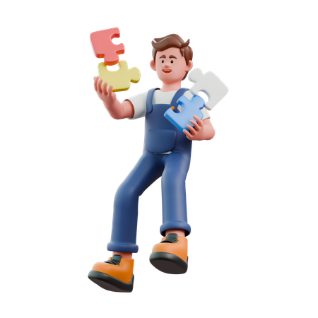 Young man solving jigsaw puzzle  3D Icon