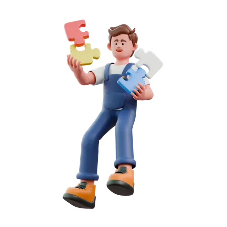 Young man solving jigsaw puzzle  3D Icon
