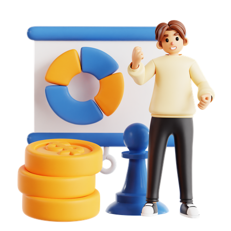 Young Man Standing With Chart And Coins  3D Illustration