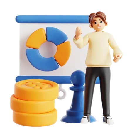Young Man Standing With Chart And Coins  3D Illustration