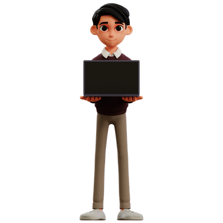 Young man standing with laptop  3D Icon