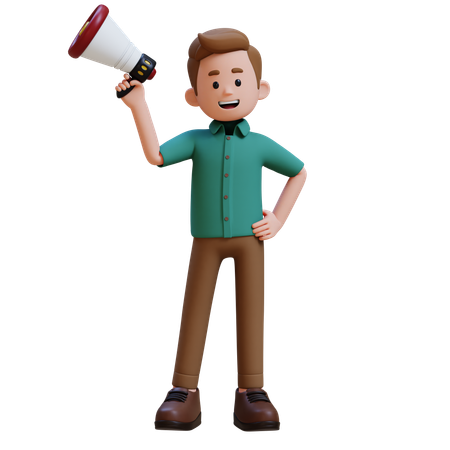 Young Man Standing With Megaphone  3D Illustration