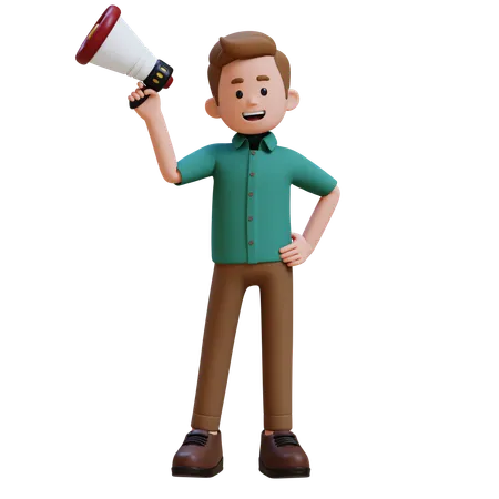 Young Man Standing With Megaphone  3D Illustration