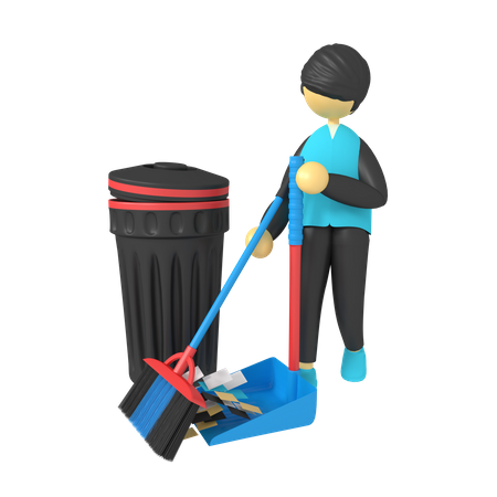 Young man sweep with palm brooms  3D Illustration