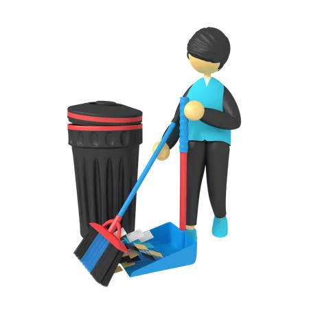 Young man sweep with palm brooms  3D Illustration