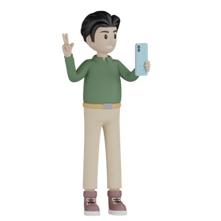 Young man taking selfie using mobile  3D Illustration