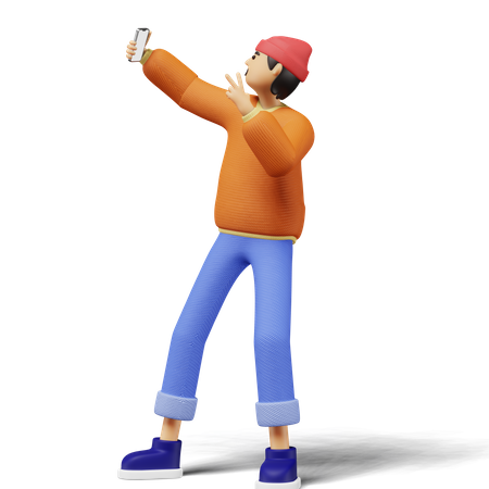 Young man taking selfie using phone  3D Illustration