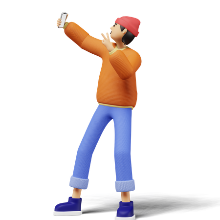 Young man taking selfie using phone 3D Illustration