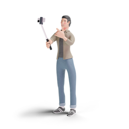 Young man taking selfie using selfie stick 3D Illustration