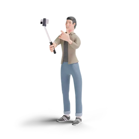 Young Man Video Call With Selfie Stick In Transparent Background 3 D Illustration 3D Logo