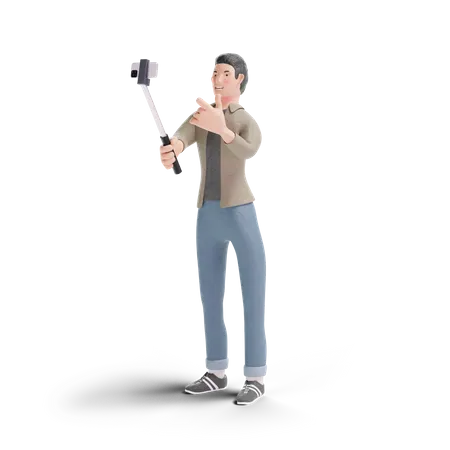 Young man taking selfie using selfie stick  3D Logo