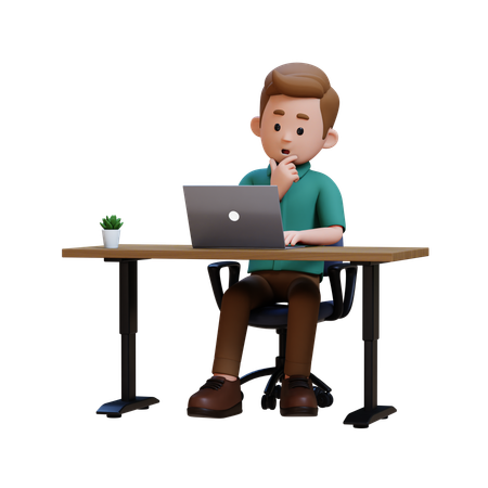 Young Man Thinking Something While Working On Laptop  3D Illustration