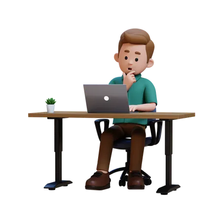 Young Man Thinking Something While Working On Laptop  3D Illustration