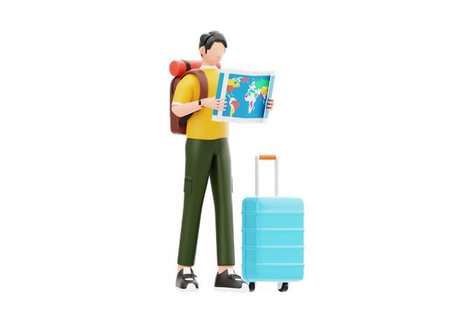 Young Man Travel Planning With Maps  3D Illustration