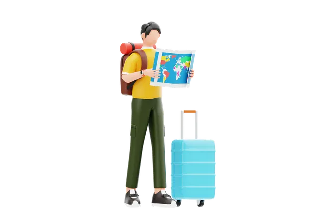 Young Man Travel Planning With Maps  3D Illustration