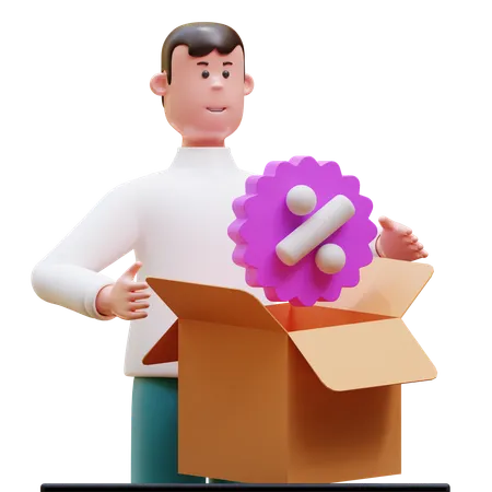 Young man Unboxing shopping discount  3D Illustration