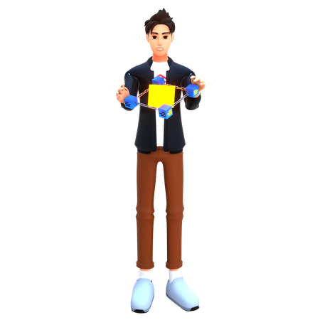 Young man use blockchain network  3D Icon