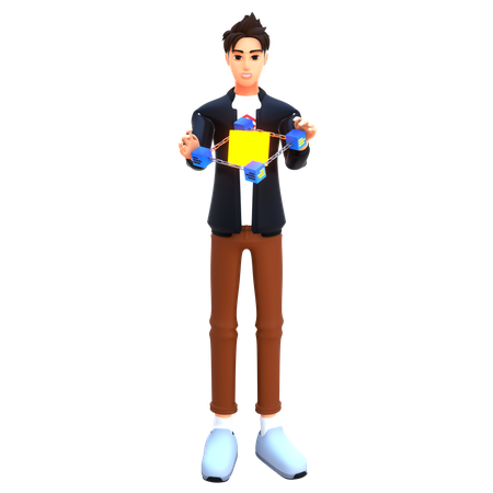 Young man use blockchain network  3D Illustration