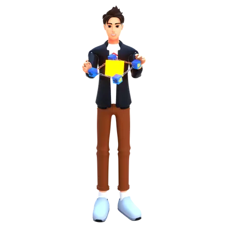 Young man use blockchain network  3D Illustration