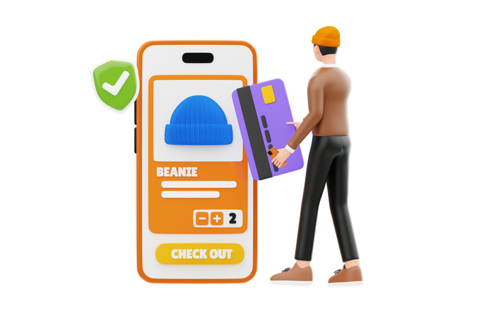 Young Man Using In App Purchase Cap  3D Illustration