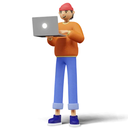 Young man Using Laptop  3D Illustration