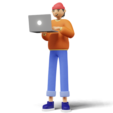 Young man Using Laptop 3D Illustration