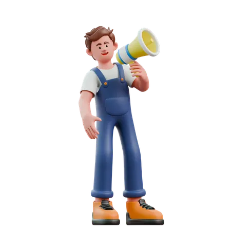 Young man using megaphone doing announcement  3D Icon