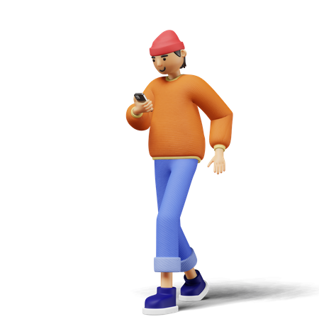 Young man using phone while walking  3D Illustration