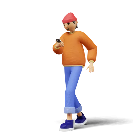 Young man using phone while walking  3D Illustration