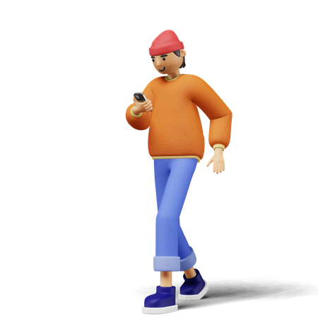 Young man using phone while walking 3D Illustration