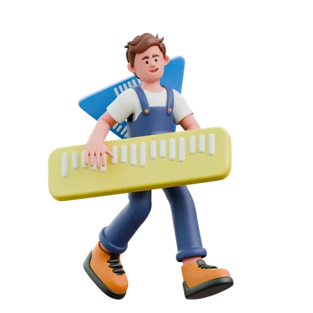 Young man walking while caryying scale  3D Icon