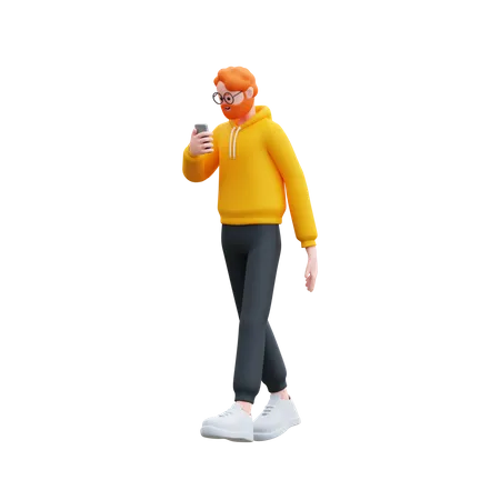 Young man walking while chatting on phone  3D Illustration